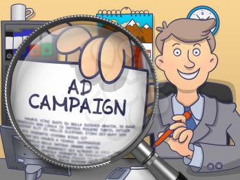 Ad Campaign on Paper in Business Man's Hand to Illustrate a Business Concept. Closeup View through Magnifying Glass. Multicolor Doodle Style Illustration.