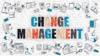 Change Management. Multicolor Inscription on White Brick Wall with Doodle Icons Around. Modern Style Illustration with Doodle Design Icons. Change Management on White Brickwall Background.