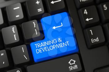 Black Keyboard Keypad Labeled Training & Development. Training & Development Close Up of Modern Keyboard on a Modern Laptop. Blue Training & Development Keypad on Keyboard. 3D Render.