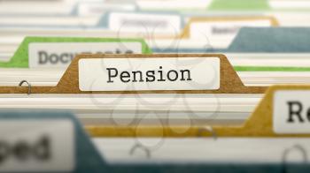 File Folder Labeled as Pension in Multicolor Archive. Closeup View. Blurred Image. 3D Render.