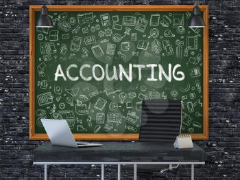 Accounting Concept Handwritten on Green Chalkboard with Doodle Icons. Office Interior with Modern Workplace. Dark Brick Wall Background. 3D.