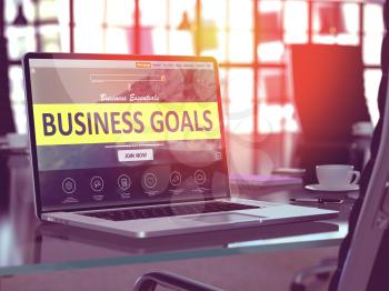 Business Goals Concept. Closeup Landing Page on Laptop Screen  on background of Comfortable Working Place in Modern Office. Blurred, Toned Image. 3D Render.