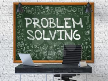 Problem Solving - Handwritten Inscription by Chalk on Green Chalkboard with Doodle Icons Around. Business Concept in the Interior of a Modern Office on the White Brick Wall Background. 3D.
