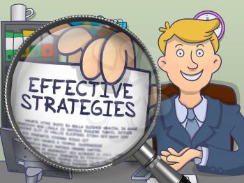 Effective Strategies. Businessman Welcomes in Office and Showing through Lens Paper with Inscription. Colored Doodle Style Illustration.