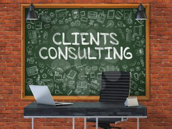 Hand Drawn Clients Consulting on Green Chalkboard. Modern Office Interior. Red Brick Wall Background. Business Concept with Doodle Style Elements. 3D.