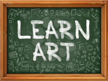 Learn Art Concept. Line Style Illustration. Learn Art Handwritten on Green Chalkboard with Doodle Icons Around. Doodle Design Style of  Learn Art.