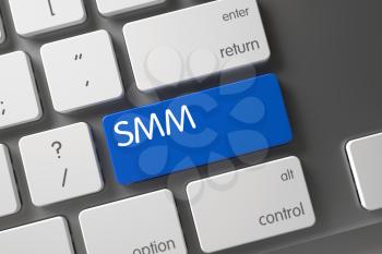 SMM Concept Metallic Keyboard with SMM on Blue Enter Keypad Background, Selected Focus. SMM Key on Metallic Keyboard. Slim Aluminum Keyboard Key Labeled SMM. 3D.