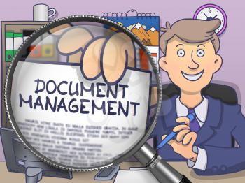 Document Management on Paper in Businessman's Hand through Magnifier to Illustrate a Business Concept. Multicolor Doodle Style Illustration.