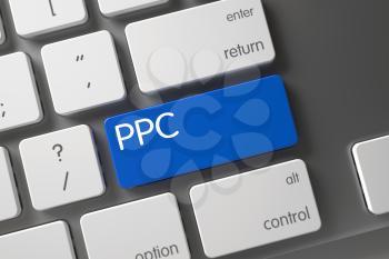 PPC Concept Laptop Keyboard with PPC on Blue Enter Key Background, Selected Focus. PPC Button on Modernized Keyboard. Aluminum Keyboard Key Labeled PPC. 3D Illustration.