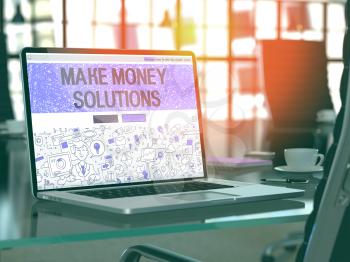 Make Money Solutions Concept - Closeup on Landing Page of Laptop Screen in Modern Office Workplace. Toned Image with Selective Focus. 3D Render.