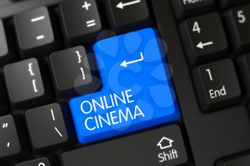Online Cinema on Modern Keyboard Background. Online Cinema Written on a Large Blue Key of a Modern Keyboard. Black Keyboard with the words Online Cinema on Blue Keypad. 3D Render.