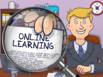 Online Learning. Business Man Welcomes in Office and Shows through Magnifying Glass Concept on Paper. Multicolor Modern Line Illustration in Doodle Style.