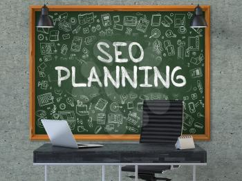 Hand Drawn SEO - Search Engine Optimization - Planning on Green Chalkboard. Modern Office Interior. Gray Concrete Wall Background. Business Concept with Doodle Style Elements. 3D.