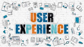 User Experience - Multicolor Concept with Doodle Icons Around on White Brick Wall Background. Modern Illustration with Elements of Doodle Design Style.
