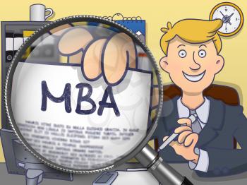 MBA - Master Administration Education. Business Man Welcomes in Office and Holds Out MBA Education Offer through Lens. Colored Modern Line Illustration in Doodle Style.
