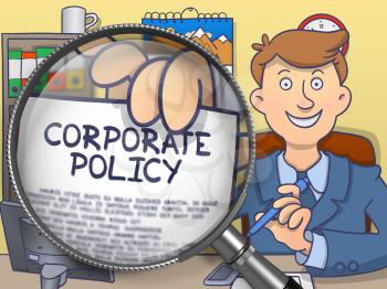Businessman in Office Workplace Holding a Paper with Inscription Corporate Policy. Closeup View through Magnifier. Colored Modern Line Illustration in Doodle Style.