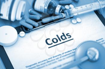 Colds - Printed Diagnosis with Blurred Text. Colds Diagnosis, Medical Concept. Composition of Medicaments. Toned Image. 3D Rendering. 