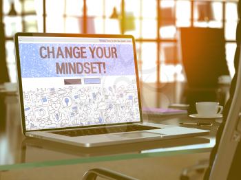 Change Your Mindset - Closeup Landing Page in Doodle Design Style on Laptop Screen. On Background of Comfortable Working Place in Modern Office. Toned, Blurred Image. 3D Render. 