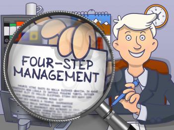 Four-Step Management on Paper in Business Man's Hand to Illustrate a Business Concept. Closeup View through Magnifier. Multicolor Doodle Style Illustration.