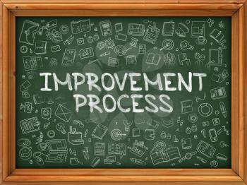 Improvement Process - Hand Drawn on Chalkboard. Improvement Process with Doodle Icons Around.