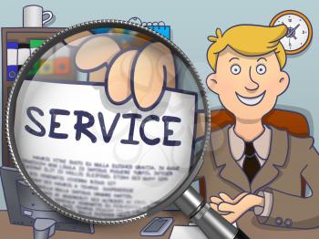 Service on Paper in Business Man's Hand to Illustrate a Business Concept. Closeup View through Magnifying Glass. Colored Modern Line Illustration in Doodle Style.