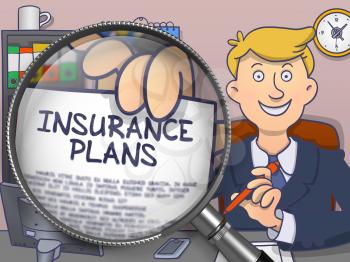 Insurance Plans. Stylish Businessman in Office Shows Paper with Offer through Magnifying Glass. Multicolor Modern Line Illustration in Doodle Style.
