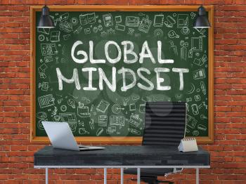 Green Chalkboard with the Text Global Mindset Hangs on the Red Brick Wall in the Interior of a Modern Office. Illustration with Doodle Style Elements. 3D.