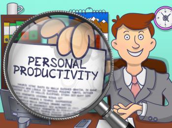 Personal Productivity on Paper in Man's Hand to Illustrate a Business Concept. Closeup View through Magnifying Glass. Multicolor Modern Line Illustration in Doodle Style.