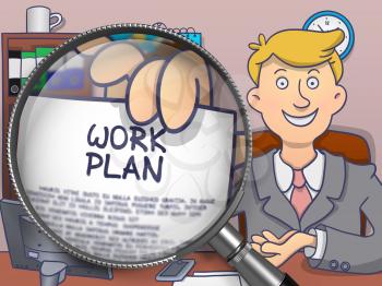 Work Plan through Lens. Officeman Showing a Paper with Concept. Closeup View. Colored Doodle Style Illustration.
