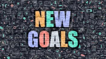 New Goals. Multicolor Inscription on Dark Brick Wall with Doodle Icons Around. New Goals Concept. Modern Style Illustration with Doodle Design Icons. New Goals on Dark Brickwall Background.