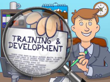Officeman in Office Showing Concept on Paper Training and Development. Closeup View through Lens. Colored Modern Line Illustration in Doodle Style.