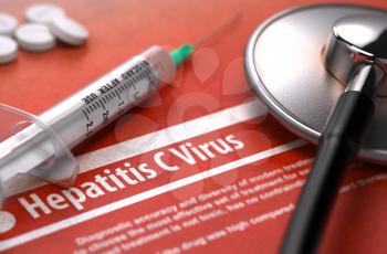 Hepatitis C Virus - Medical Concept with Blurred Text, Stethoscope, Pills and Syringe on Orange Background. Selective Focus. 3D Render.