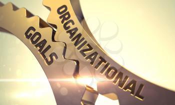Organizational Goals on Mechanism of Golden Metallic Gears with Lens Flare. Organizational Goals - Illustration with Glowing Light Effect. Organizational Goals on the Mechanism of Golden Gears. 3D.