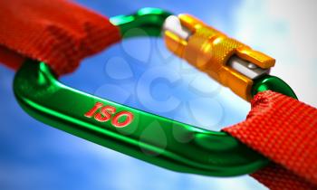 Green Carabine with Red Ropes on Sky Background, Symbolizing the ISO - International Organization Standardization. Selective Focus. 3D Render.