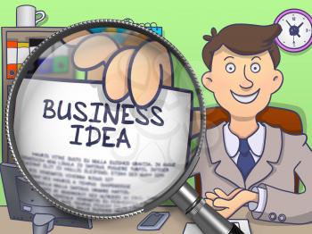Business Idea through Lens. Businessman Holds Out a Paper with Inscription. Closeup View. Multicolor Modern Line Illustration in Doodle Style.