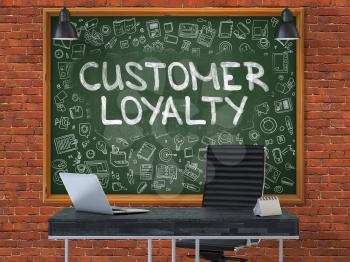 Customer Loyalty - Handwritten Inscription by Chalk on Green Chalkboard with Doodle Icons Around. Business Concept in the Interior of a Modern Office on the Red Brick Wall Background. 3D.