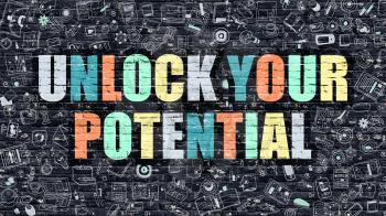 Unlock Your Potential - Multicolor Concept on Dark Brick Wall Background with Doodle Icons Around. Illustration with Elements of Doodle Style. Unlock Your Potential on Dark Wall.