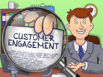 Customer Engagement through Magnifying Glass. Business Man Holds Out a Paper with Concept. Closeup View. Colored Doodle Illustration.