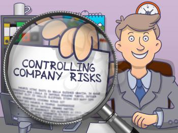 Controlling Company Risks through Magnifier. Business Man Shows Paper with Concept. Closeup View. Colored Modern Line Illustration in Doodle Style.