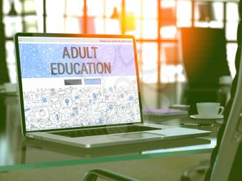 Adult Education Concept. Closeup Landing Page on Laptop Screen in Doodle Design Style. On Background of Comfortable Working Place in Modern Office. Blurred, Toned Image. 3D Render.