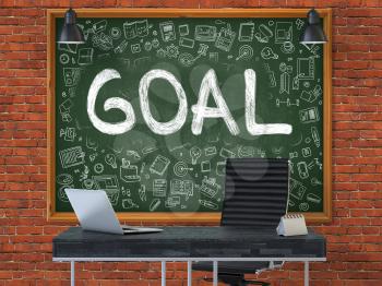 Goal - Handwritten Inscription by Chalk on Green Chalkboard with Doodle Icons Around. Business Concept in the Interior of a Modern Office on the Red Brick Wall Background. 3D.