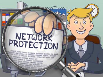 Network Protection through Magnifying Glass. Officeman Showing Concept on Paper. Closeup View. Colored Doodle Style Illustration.