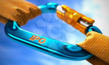 Strong Connection between Blue Carabiner and Two Orange Ropes Symbolizing the IPO -  Initial Public Ofering. Selective Focus. 3D Render.