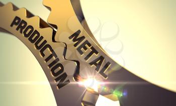 Metal Production on the Mechanism of Golden Metallic Cogwheels with Lens Flare. Metal Production - Technical Design. Metal Production - Industrial Illustration with Glow Effect and Lens Flare. 3D.