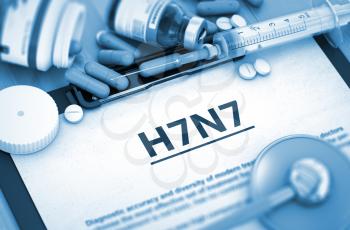 H7N7 - Printed Diagnosis with Blurred Text. H7N7 Diagnosis, Medical Concept. Composition of Medicaments. Toned Image. 3D Rendering. 
