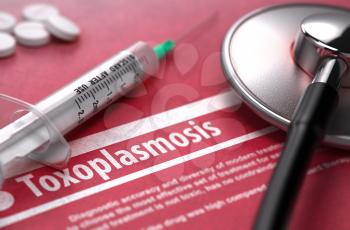 Toxoplasmosis - Medical Concept on Red Background with Blurred Text and Composition of Pills, Syringe and Stethoscope. 3D Render.