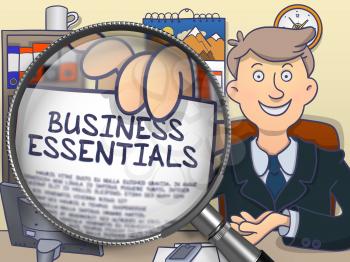 Business Essentials. Officeman in Office Showing through Lens Paper with Inscription. Multicolor Modern Line Illustration in Doodle Style.