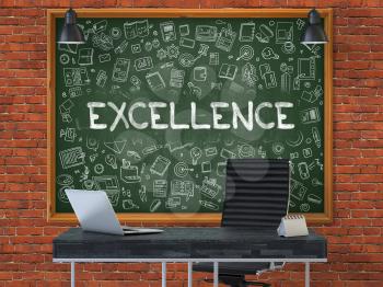 Excellence - Handwritten Inscription by Chalk on Green Chalkboard with Doodle Icons Around. Business Concept in the Interior of a Modern Office on the Red Brick Wall Background. 3D.
