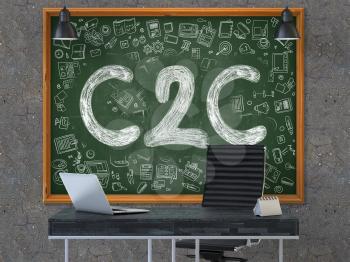 C2C - Consumer to Consumer - Handwritten Inscription on Green Chalkboard with Doodle Icons Around. Business Concept in the Interior of a Modern Office on the Dark Old Concrete Wall Background. 3D.