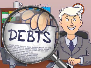 Business Man in Suit Holding a Paper with Debts Concept through Magnifying Glass. Closeup View. Multicolor Doodle Style Illustration.